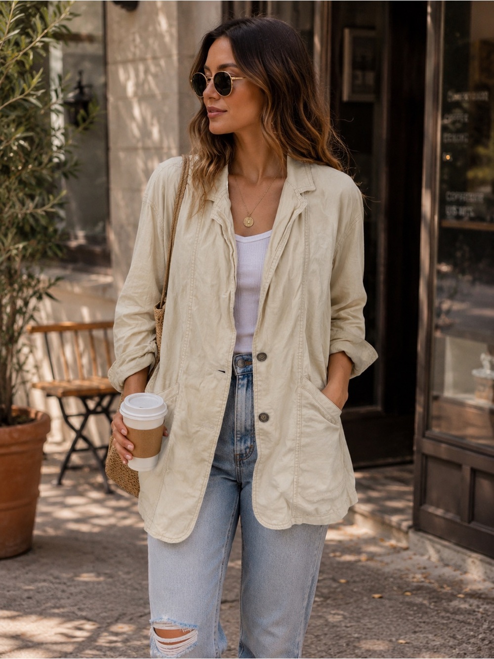 Pilcro Anthropologie Beige Linen Blend Oversized Summer Blazer Jacket M